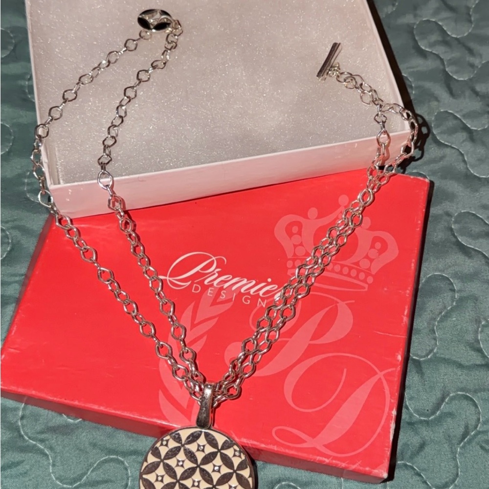Premier Designs Silver-Tone Black & White Round Geometric Pendant Necklace